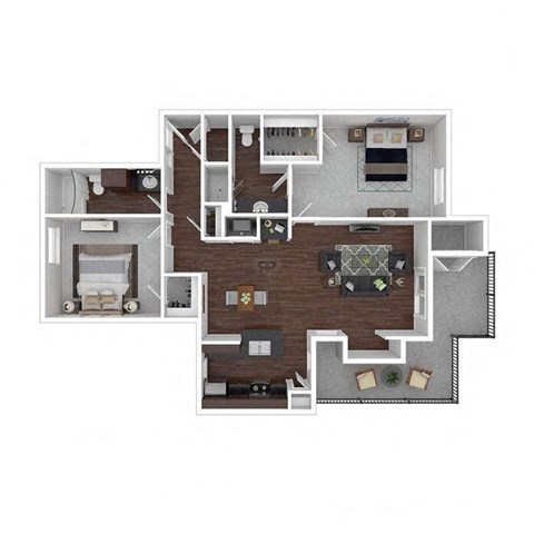 A floor plan of a house with a kitchen, living room, and two bedrooms.